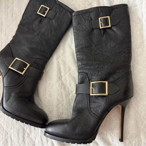 Jimmy Choo Black Leather Mid-Calf Stiletto Boots with Gold Buckles